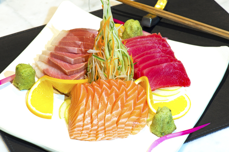Japanese raw fish dish with very nice arrangementの写真素材