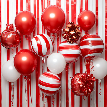 Festive Red and White Balloon Decorationsの写真素材