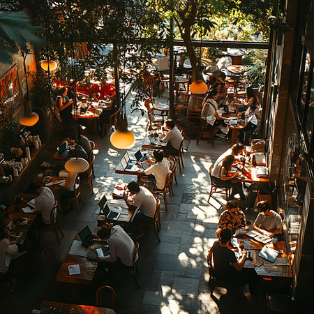 Cozy Cafe with Natural Light and Busy Atmosphereの素材