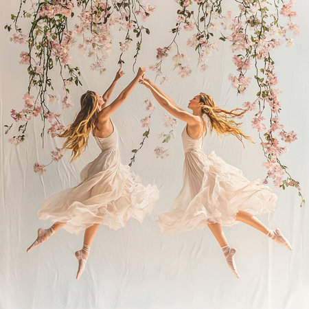 Two dancers in elegant dresses leap gracefully among blooming flowers, capturing the essence of beauty and serenity in a soft, vibrant setting.の素材