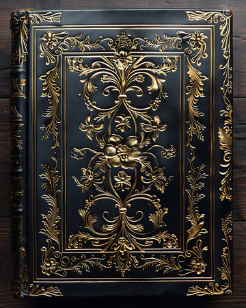 This vintage book features an ornate black and gold cover with beautiful floral designs. It showcases exquisite craftsmanship and elegant artistry.の素材