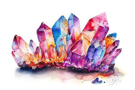 A stunning watercolor illustration of vibrant crystals showcasing rich colors and intricate details, perfect for nature and art enthusiasts.の素材