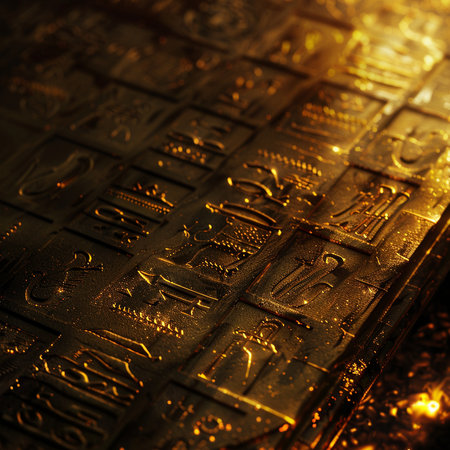 This image features a detailed view of ancient golden symbols etched into a stone surface, illuminated dramatically to reveal intricate patterns and textures that reflect a rich historical legacy.の素材