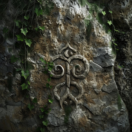 An ancient symbol is etched into a weathered rock surface, surrounded by green vines. This image captures the blend of nature and art, showcasing history and mystery.の素材