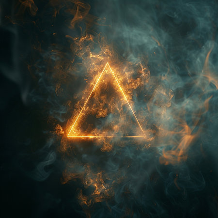 A mesmerizing glowing triangle symbol surrounded by swirling smoke and fire creates an abstract, ethereal atmosphere. Perfect for artistic projects.の素材