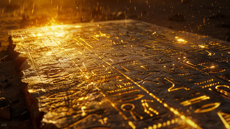 A stunning view of an ancient symbol engraving on a golden stone, illuminated by light. This artwork evokes mystery and history from past civilizations.の素材
