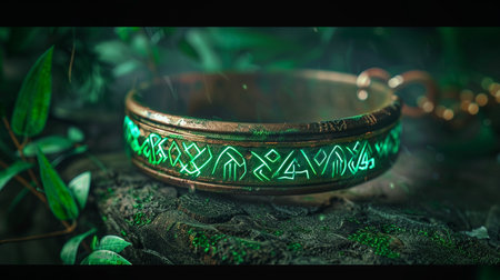 This enchanting bracelet showcases glowing symbols against a lush green background, combining elements of ancient artistry with a touch of nature's beauty.の素材