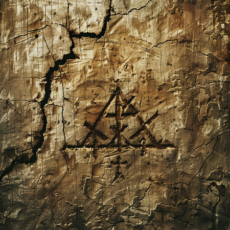 An intricate ancient symbol engraved on weathered wood, reflecting a deep connection to history and craftsmanship. The texture showcases natural beauty.の素材
