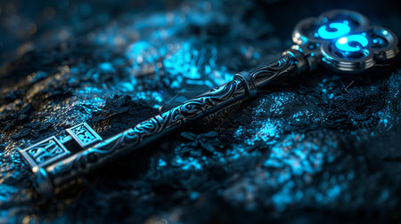 This image features a mystical key adorned with a glowing symbol, resting on a dark, textured surface. The intricate design and vibrant colors create a captivating visual.の素材
