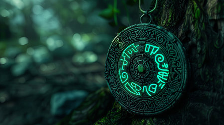 A captivating glowing symbol pendant is nestled against an ancient tree in a serene forest. The vibrant green light contrasts beautifully with the dark surroundings, creating a mystical, enchanting atmosphere.の素材