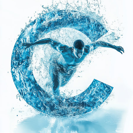 A stunning depiction of an athlete in motion, emerging from a dynamic splash of water. This image conveys energy, strength, and the essence of athleticism in a vibrant blue setting.の素材