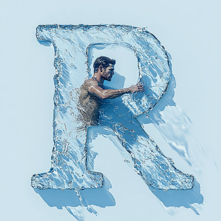 A creative shot of a man surrounded by clear water, shaped like the letter R. The composition captures a sense of freedom and playful design against a cool blue background.の素材