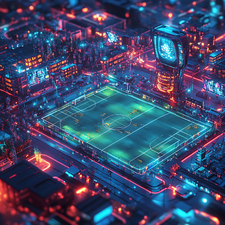 A stunning aerial view of a neon-lit soccer field in a vibrant urban environment, showcasing modern architecture and energetic nightlife perfect for sports and recreation.の素材