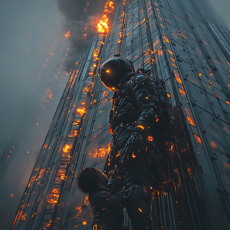 A striking portrayal of an astronaut and child amidst a fiery urban backdrop, showcasing themes of adventure and exploration in a futuristic setting.の素材