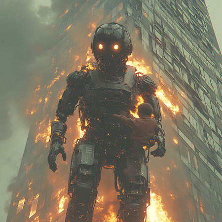 A futuristic robot stands tall amidst a fiery urban landscape, cradling a child in its arms, embodying the themes of safety and heroism in perilous moments.の素材