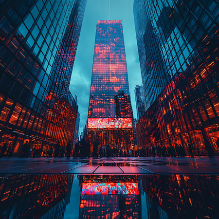 A striking urban cityscape showcasing modern skyscrapers under vibrant lights, reflecting beautifully on the ground. A mesmerizing evening scene.の素材
