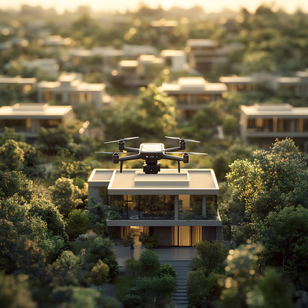 Explore a vibrant aerial view showcasing modern homes equipped with drone technology. The image captures the harmony between architecture and lush nature.の素材