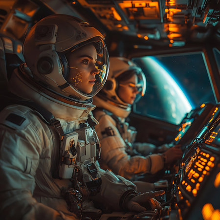 Two astronauts operating controls in a spacecraft cockpit, gazing at Earth from space. A moment of discovery and teamwork, highlighting the beauty of exploration.の素材