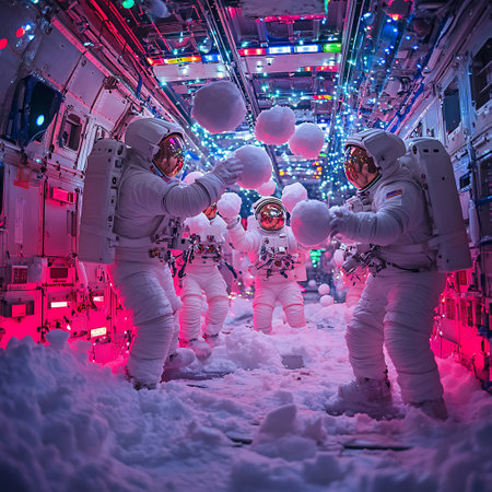 A whimsical scene featuring astronauts engaging in playful snowball fights inside a colorful spacecraft filled with vibrant lights, creating a magical atmosphere.の素材