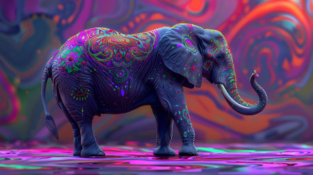 A vibrant elephant adorned with intricate mandala patterns stands against a colorful, psychedelic background, symbolizing beauty and spirituality in art.の素材