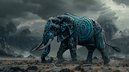 A stunning depiction of a mandala elephant against a dramatic landscape, showcasing vibrant colors and intricate patterns that evoke a sense of wonder and serenity.の素材
