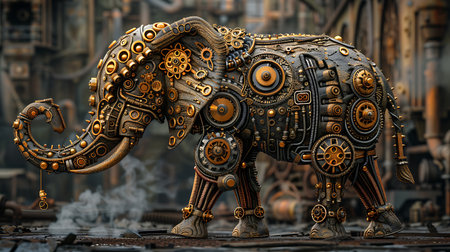 An artistic representation of a steampunk elephant adorned with intricate gears and a mandala pattern, showcasing stunning craftsmanship and creativity.の素材