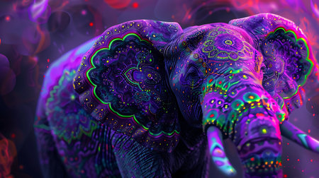Discover a striking elephant adorned with vibrant mandala patterns. This mesmerizing art piece blends colors and intricate designs, creating a surreal portrayal of wildlife.の素材