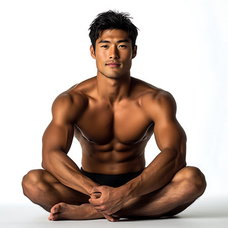 A confident athletic male model poses in a serene studio setting, showcasing his toned physique. Ideal for lifestyle and fitness-related themes.の素材
