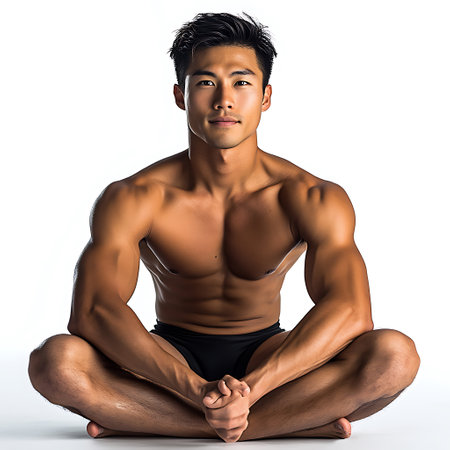 A strong male model poses confidently in minimalistic underwear, showcasing his toned physique and athletic build in a studio setting.の素材