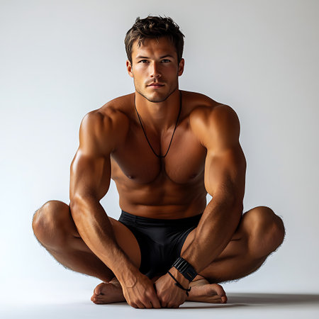 A confident male model showcases stylish underwear in a relaxed pose. His toned physique highlights strength and athleticism, captured in a modern studio setting.の素材