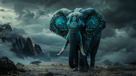 A breathtaking elephant adorned with intricate mandala designs stands majestically in a mystical landscape filled with dramatic clouds and vibrant colors.の素材