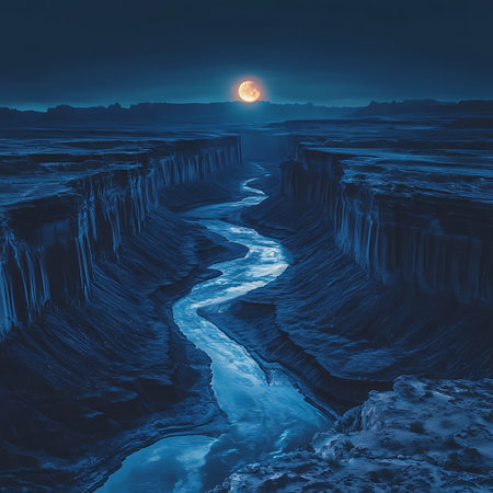A stunning moonrise casts gentle light over a deep canyon, showcasing a winding river and rugged rock formations under a starry sky. Perfect for nature lovers.の素材