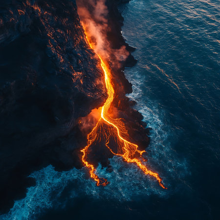 Captivating view of lava flowing into the ocean at dusk, showcasing the intense heat and vibrant colors of an active volcanic landscape.の素材