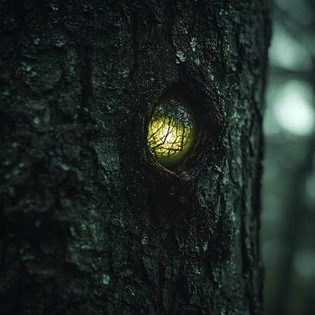 Discover a captivating green glow nestled in tree bark, creating a mysterious and enchanting atmosphere. Perfect for nature-themed projects and visuals.の素材