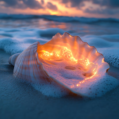 A beautiful seashell rests on the shore, illuminated by a warm sunset glow. The soft waves gently lap around it, creating a serene atmosphere perfect for nature lovers.の素材