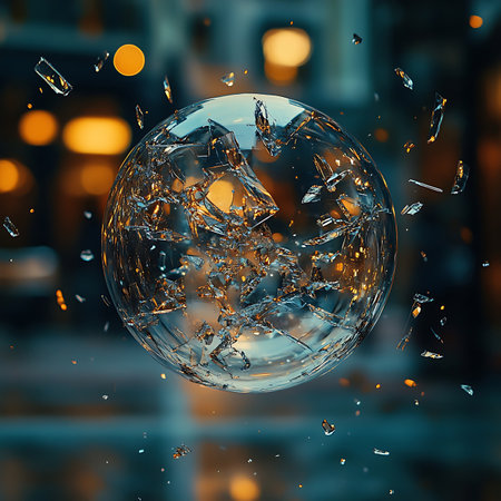 A captivating image of a shattered glass sphere surrounded by sharp shards, creating a striking contrast against a dark background, evoking a sense of fragility and beauty.の素材