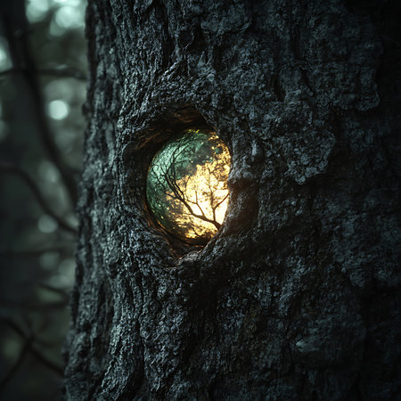 A mystical tree hollow features a glowing orb that radiates serene light, creating a magical atmosphere. Perfect for nature lovers and dreamy landscapes.の素材
