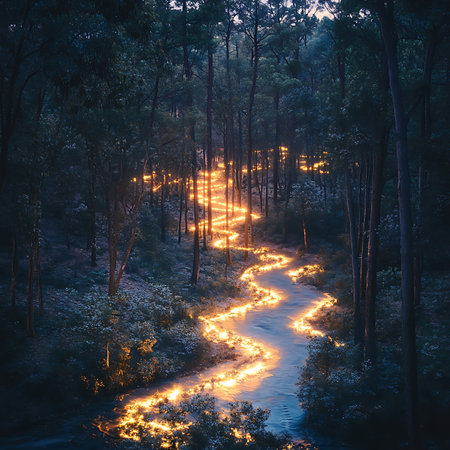 A captivating scene of an illuminated pathway winding through a lush forest. The soft glow emanates from the ground, creating a magical atmosphere perfect for a tranquil escape into nature.の素材