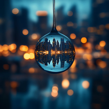 A striking water droplet captures a stunning city skyline at night, showcasing beautiful reflections and vibrant lights. Ideal for urban photography themes.の素材