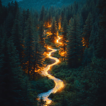 A tranquil river meanders through a dense forest, illuminated by soft sunlight, creating a peaceful and picturesque natural landscape. Perfect for nature lovers.の素材