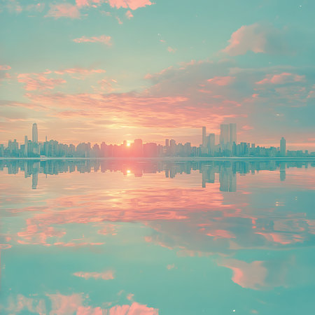 A breathtaking sunset over an urban skyline, with vibrant colors reflecting on calm waters. This image captures the beauty of nature intertwined with city life.の素材