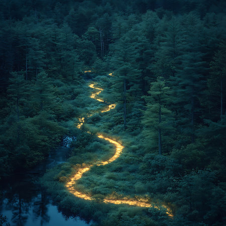 A winding river glows softly through a tranquil forest at dusk, creating a serene and mystical atmosphere perfect for nature lovers and explorers.の素材