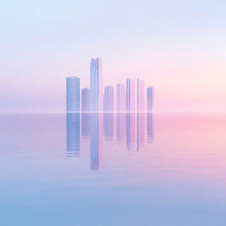 A stunning city skyline reflecting on calm waters at sunrise. The pastel colors create a soothing atmosphere, capturing the beauty of modern architecture.の素材