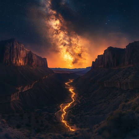 A breathtaking view of the Milky Way glowing above a canyon landscape at dusk, capturing the serene beauty of nature in a vibrant night sky.の素材