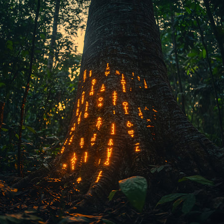 A mystical scene featuring an ancient tree with glowing symbols on its trunk, set in a vibrant forest. The enchanting atmosphere evokes a sense of wonder and serenity.の素材