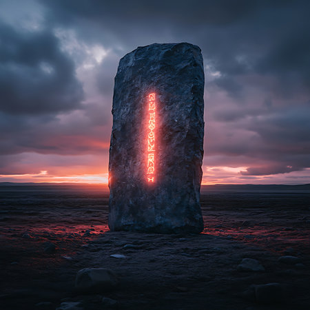 A glowing stone with inscriptions stands against a dramatic sunset, surrounded by clouds, creating an ethereal and mysterious atmosphere in nature.の素材