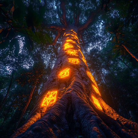 An ancient tree adorned with glowing symbols in a lush forest creates a mystical atmosphere, inviting exploration and wonder in nature's vibrant embrace.の素材