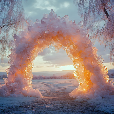 A stunning ice arch glistens in a serene winter landscape, illuminated by soft light. The delicate crystal formations create a magical and tranquil atmosphere, perfect for nature lovers.の素材