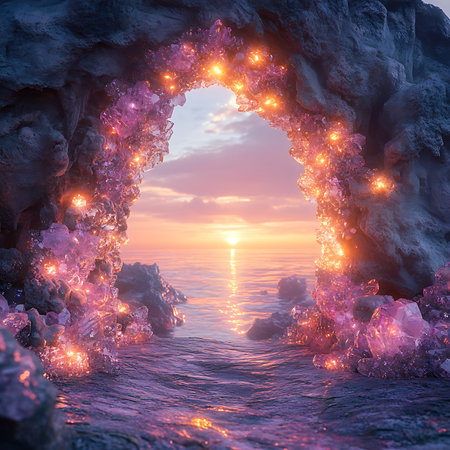 A stunning view of a glowing crystal cave at sunset, surrounded by shimmering rocks and a tranquil ocean. The scene captures a magical atmosphere with beautiful reflections.の素材