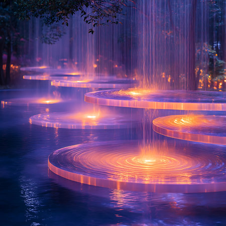 A mesmerizing scene featuring a tranquil waterfall cascading over illuminated circular platforms, creating a serene and artistic atmosphere perfect for relaxation.の素材